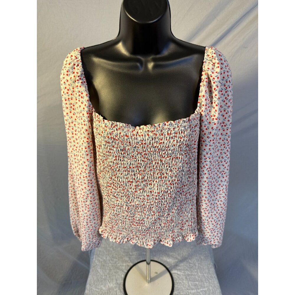 Women’s Romantic Puffy Sleeve Ruched Fairy Top Cottagecore Floral White Pink XL